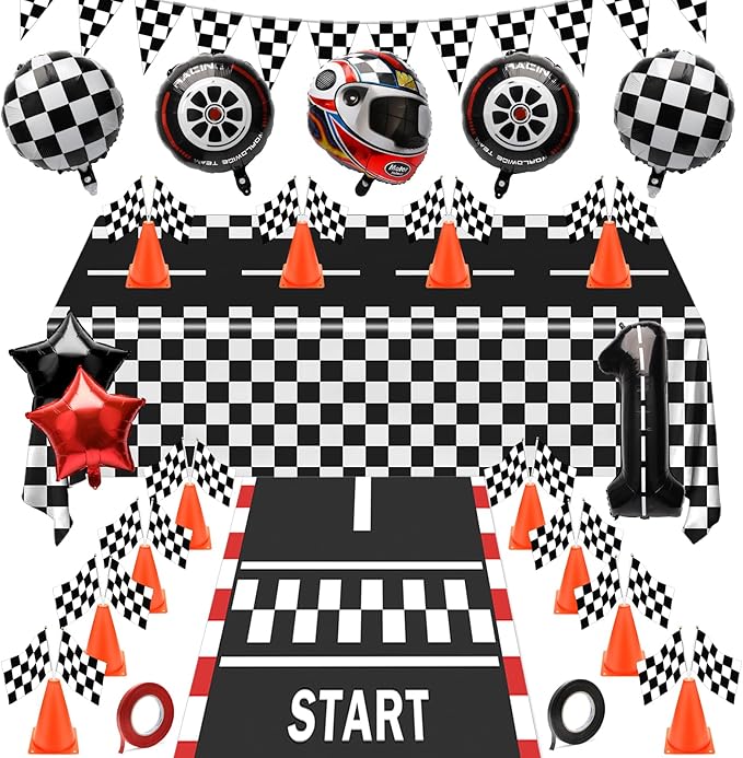 Windspeed Traffic Cones And Racing Checkered Flags, Race Car Party Decorations Include 24P Hand Held Checkered Flag 12P Mini Traffic Cones, Racetrack Floor Running, Hanging Racing Flags, Balloons, Tablecloth