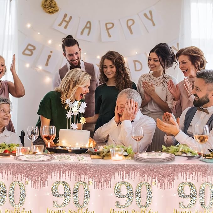 41PCS Women 90th Birthday Party Decorations Supplies Rose Gold Ninety Year Old Birthday Disposable Tableware Include Plates Napkins Tablecloth For Women Serves 20