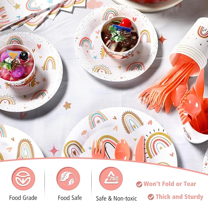 Hestya 145 Pcs Boho Birthday Party Supplies Include Rainbow Plates Tablecloth Cups Napkins Knives Forks Spoon Boho Happy Birthday Banner for Rainbow Baby Shower Party Decoration Supplies for 20 Guests