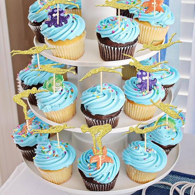 24 PCS Summer Swiming Cupcake Toppers Glitter Swim Cupcake Picks Swimmer Team Cake Decorations for Sports Swim Theme Beach Pool Party Baby Shower Birthday Party Cake Decro Supplies Gold