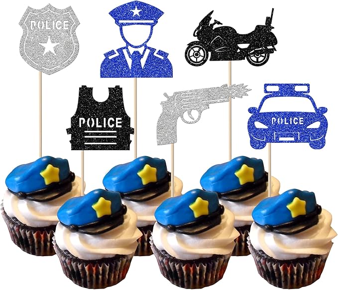 YCTHUNFISH 24 Pack Police Cupcake Toppers Glitter Policeman Police Officer Cupcake Picks Police Car Police Emblem Cake Decorations for Police Theme Kids Birthday Party Supplies Black Silver Blue