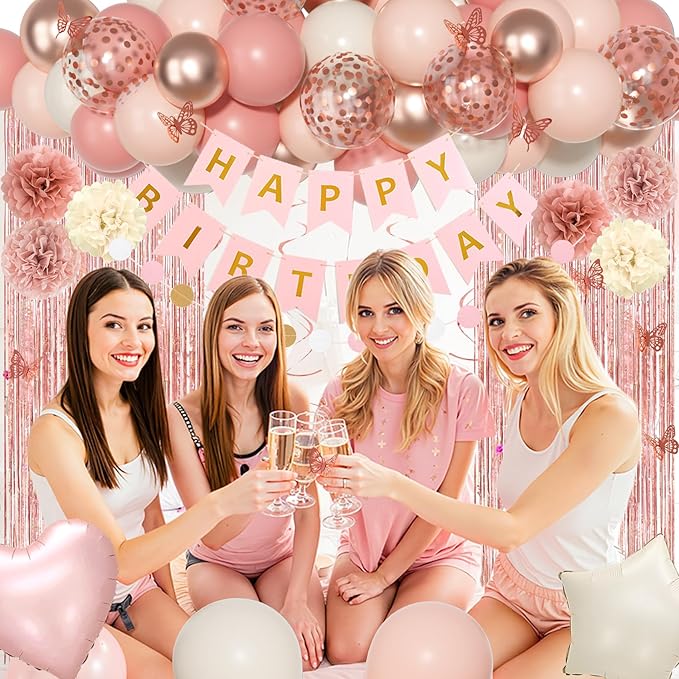 Pink Birthday Party Decorations, Dusty Pink Sand Confetti Rose Gold Balloons Happy Birthday Banner Fringe Curtains Butterfly Hanging Swirls Circle Dots Tassels Pompoms for Women Girls Party Supplies