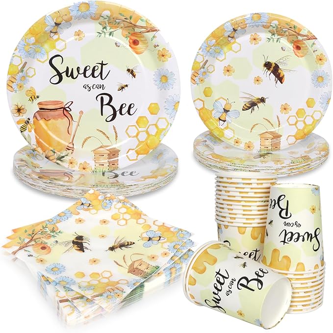 96Pcs Bee Party Decorations Bee Paper Plates and Napkins and Cups Baby Shower Sweet One Kids First Birthday Tea Party Decorations Supplies, Serves 24