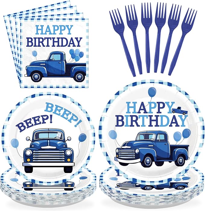 96 Blue Truck Birthday Party Supplies Blue Truck Happy Birthday Plates and Napkins Blue-White Themed Tableware Set for Kids Boys and Girls 1st 2nd 3rd Bday Party Decorations Serves 24