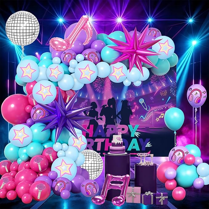 126 Piece Purple Blue And Pink Balloon Arch Kit, With Musical Symbols Print Balloons For Cartoon Magical Music Themed Birthday Party Decorations, Boys And Girls Gatherings Party Supplies