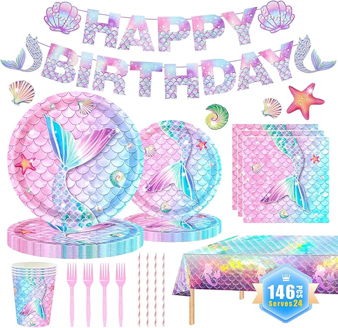 146Pcs Mermaid Plates and Napkins mermaid Party Supplies Includes Plates, Napkin, Fork, Cup, Straw, Tablecloth, Banner for Baby Shower Ocean Birthday Party Decorations, Serves 24 (Mermaid)