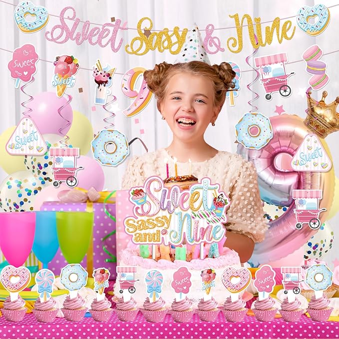Sweet Sassy And Nine Birthday Decorations- 9th Birthday Decorations For Girls With Donut Banner Sweet Cake Topper 9th Foil Balloon For 9th Donut Themed Party Decor Sweet Nine Party Supplies
