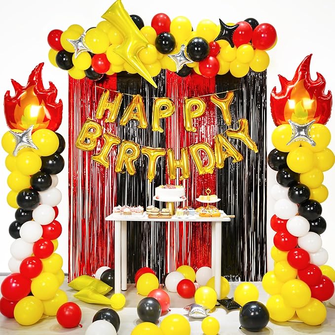 Cartoon Monster Birthday Party Decorations Supplies, Red Black Yellow Balloon Garland Arch Kit Curtains Backdrop Decor Birthday Banner Kit for Boys Girls Baby Shower-205 Pcs