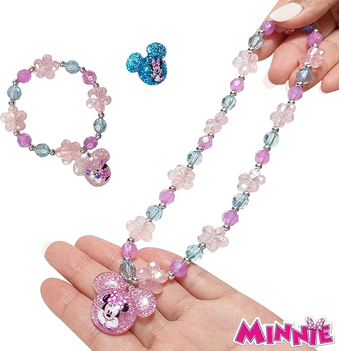 LUV HER Disney Minnie Girls Jewelry Set - Dress up Toy Jewelry Box Sets with Bead Necklace, Bead Bracelet and Ring - Play Accessories - Ages 3+