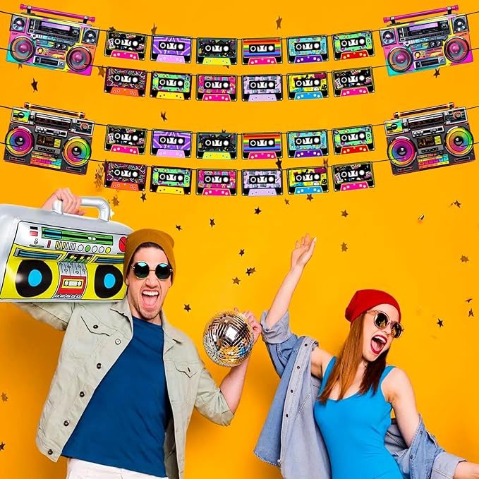 Pre-Strung 80s 90s Party Decorations, NO DIY Retro 80’s 90’s Theme Cassette Tape Banners, Boom Box Cassette Player Decor Hip Hop Music Birthday Party Supplies