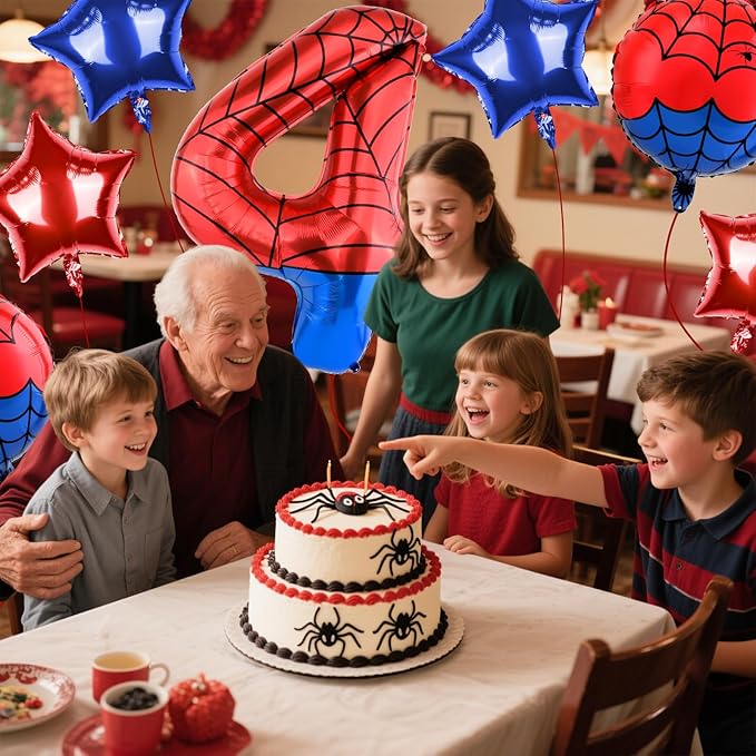 40 Inch Spider Theme Number Balloon, Number Block Foil Number 4 Balloons Large Big Numbers Helium Balloon for Girls Boys 4th Birthday Theme Party Decorations (Number 4)