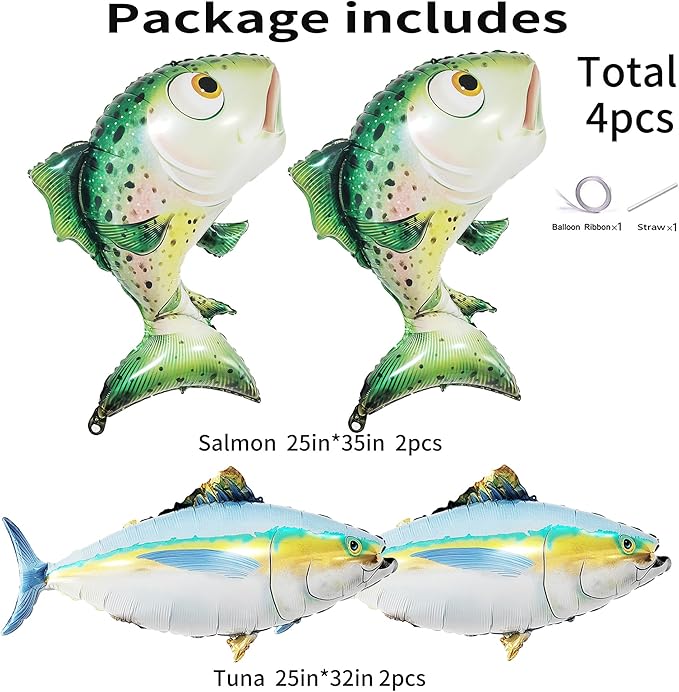 Realistic Fish Foil Balloons 4 Pack for Fishing Party Decorations - Gone Fishing Themed Birthday Supplies, Ocean Under the Sea Party Balloons, O-fish-ally One Decor (Tuna & Salmon)