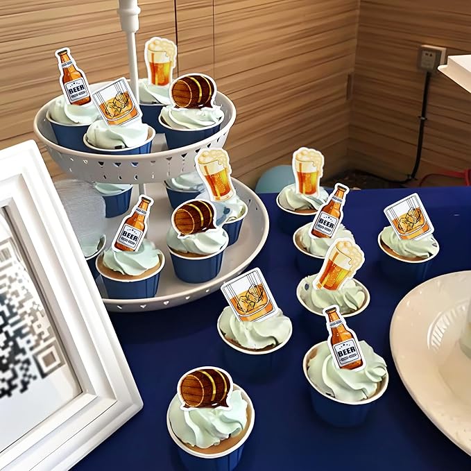 Ercadio 40 PCS Edible Beer Party Cupcake Toppers Cheers and Beers Happy Birthday Party for Father's Day Beer Kegs Cake Drink Topper Favor for Summer Family Party Decor Supplies