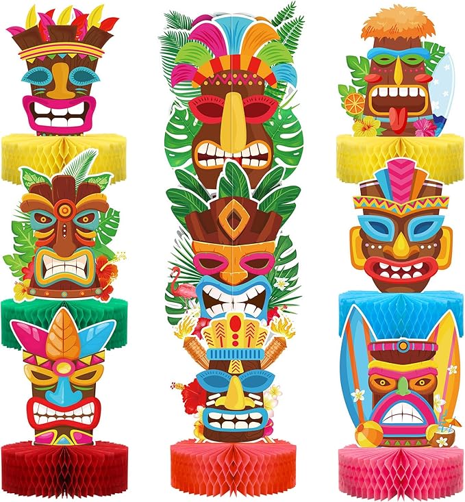 Geyee 9 Pcs Hawaiian Luau Honeycomb Centerpiece Tiki Tropical Table Toppers Party Decorations Luau Double Side Table Paper Toppers Signs for Hawaii Birthday Beach Pool Party Supplies