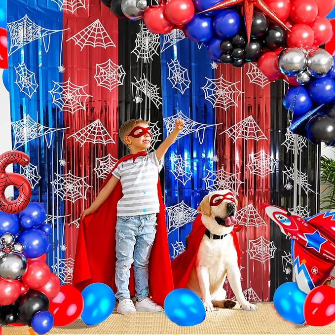 Spider Web Birthday Decorations 2 Pack Spider Party Supplies 3.3x6.6ft Red Blue and Black Spidey Tinsel Foil Fringe Curtains Backdrop Red and Blue Streamers Spider Theme Party Decorations