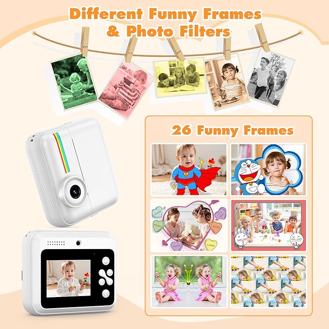 Kids Camera Instant Photo Printing,HD Digital Video dual Cameras for Toddler,Kids Digital Camera That Print Photos Christmas Birthday Gift for Boys and Girls with 32GB SD & 3 Rolls Print Paper (White)