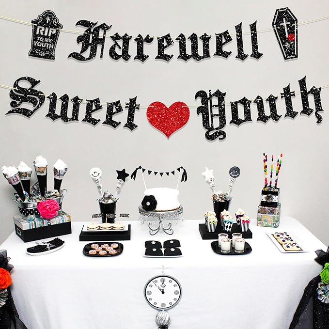 Pre-Strung Gothic Birthday Decorations, NO DIY Glitter Farewell Sweet Youth Banner, Old English Goth Funeral Themed Party Supplies
