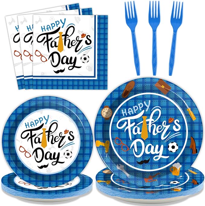 Wiooffen 96 Pieces Happy Father's Day Party Decorations Fathers Day Plates And Napkins Tableware Set Blue Fathers Day Celebration Supplies Best Dad Party Decorations Serve 24 Guests