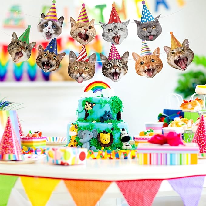 Hooqict Cat Birthday Banner Birthday Party Decorations for Backdrop Cat Happy Birthday Banner Garland Sign for Girls Boys Kids 1st 2nd 3rd Party Supplies Hanging Decor