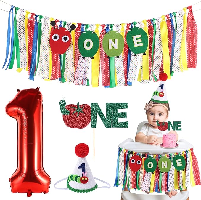 Hungry Caterpillar Highchair Banner for Baby First Birthday Party Decorations Green One Caterpillar High Chair Tassel Garland for Boys Girls Fruit 1st Birthday Photo Props Backdrop Decors