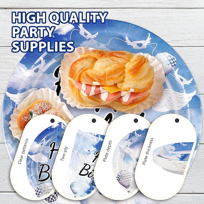 96 Pcs Happy Birthday in Heaven Party Supplies Funeral Remembrance Plates and Napkins Disposable Funeral Memorial Tableware Set for Condolence Birthday Anniversary Party Decorations Serves 24