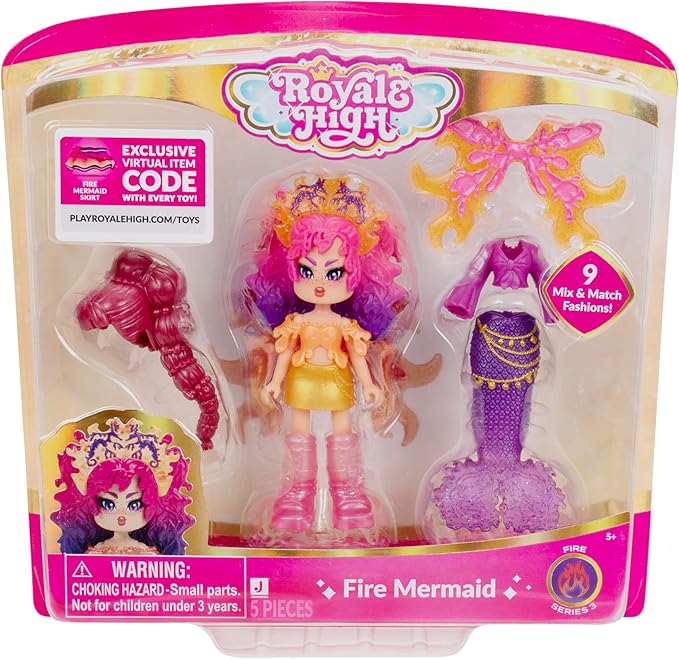 3” Fire Mermaid Fashion Doll - 1 Figure with 9 Fashion Accessories - Virtual Item Code Included - Series 3 - Ages 5+