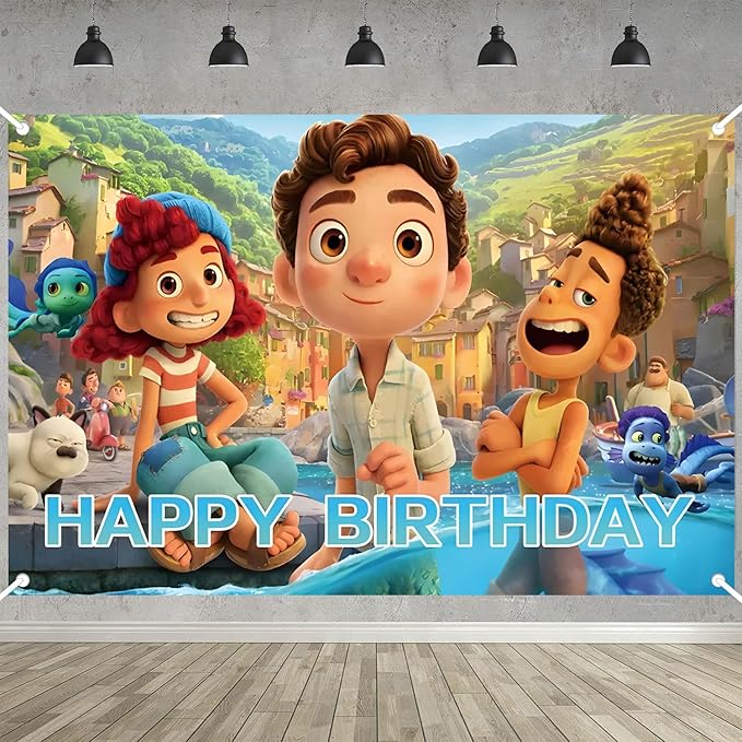 Luca Birthday Party Decoration,Cartoon Party Photo Background 5 x 3 FT and 18 Pcs Balloon,Merch Party Backdrop Supplies