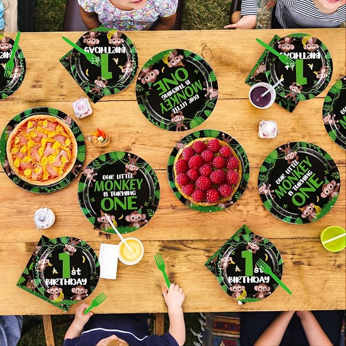 96Pcs Monkey 1st Birthday Party Decorations Our Little Monkey is Turning One Plates and Napkins Happy First Birthday Tableware Set for Wild Jungle Animal Theme Party Supplies Serves 24
