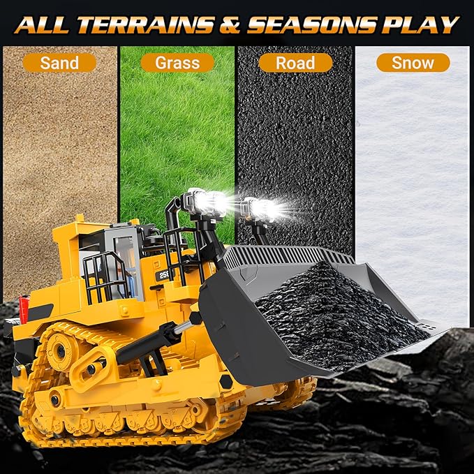 RC Bulldozer Toy for Boys, Remote Control Play Bulldozer Construction Vehicles, 9CH 2.4Ghz Track Type Tractor Dozer with Metal Blade & Light, Truck Toys for Kids 3-12 Year Old Christmas Birthday Gifts