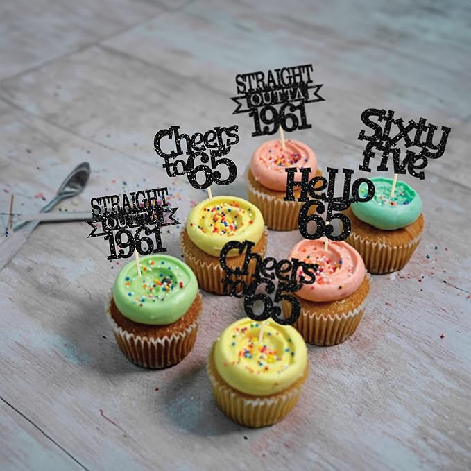 Ephlyn 24Pcs 65th Birthday Cupcake Toppers Glitter Straight Outta 1961 Cupcake Picks Hello 65 Cheers to 65 Years Cake Decorations for 65th Birthday Anniversary Party Decorations Supplies Black