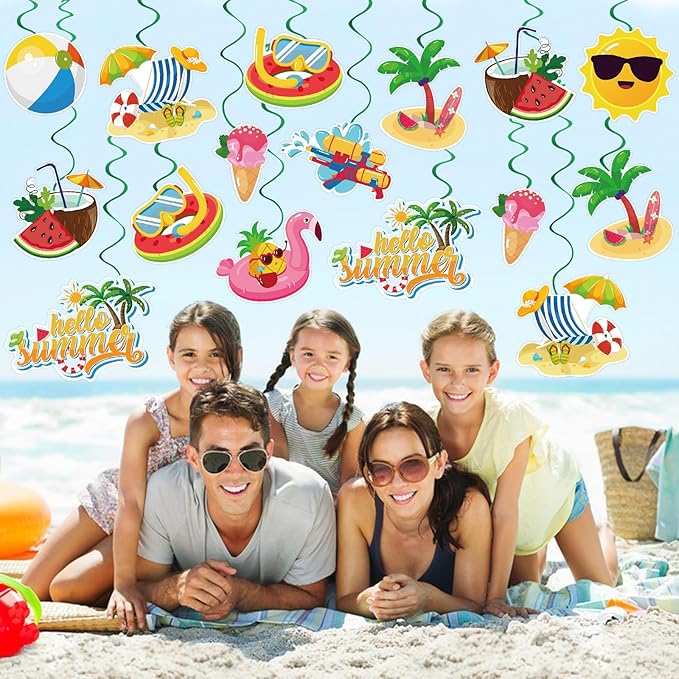40Pcs Summer Hanging Swirls, Hello Summer Pool Beach Hanging Swirls Summer Hanging Decorations Streamers Foil Ceiling Swirls for Summer Hawaiian Luau Birthday Party Baby Shower Decor