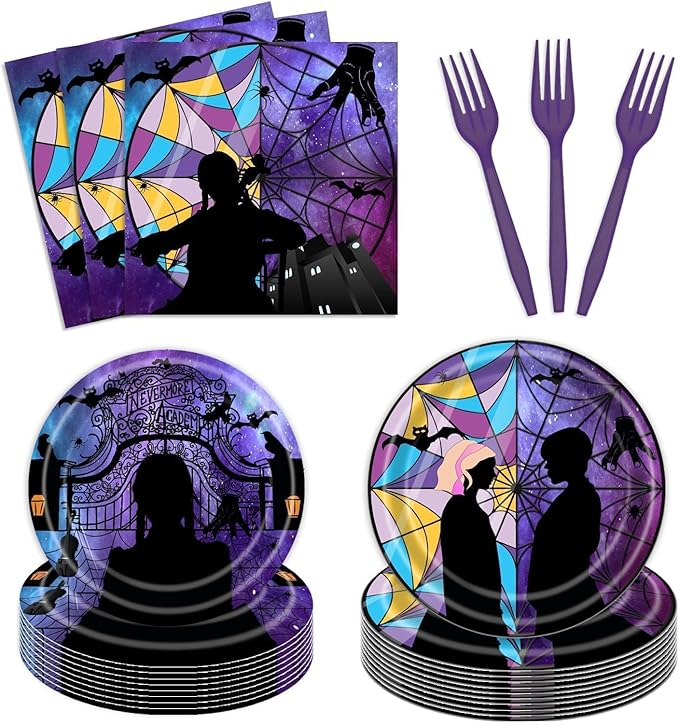96 Pcs Wednesday Plates and Napkins Party Supplies Gothic Wednesday Party Supplies Including Wednesday Party Plates and Napkins Forks, Wednesday Birthday Decorations for Girls