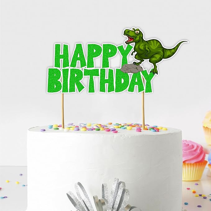 Dinosar Happy Birthday Cake Topper - Prehistoric Dinosaur Theme Design, Colorful Jurassic Style Party Cake Decoration for Birthday Celebration, Dessert Table Display, Photo Prop, Cake Centerpiece.