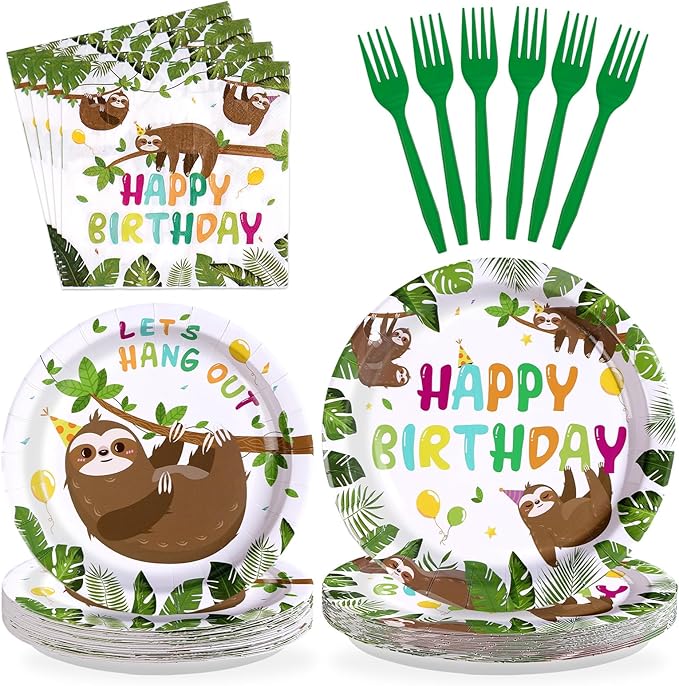 96Pcs Sloth Birthday Party Supplies Hanging Sloth Plates and Napkins Jungle Cute Animal Theme Tableware Set for Kids Girls Boys Animal Theme Birthday Party Supplies，Serves 24