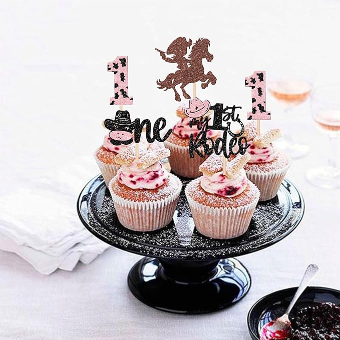 24 PCS Cowboy Cupcake Toppers - Glitter Hat, One My 1st Rodeo Cupcake Picks, First Birthday Cow One Cake Decorations for Western Theme Baby Shower, Kids 1st Birthday Party Supplies - Pink