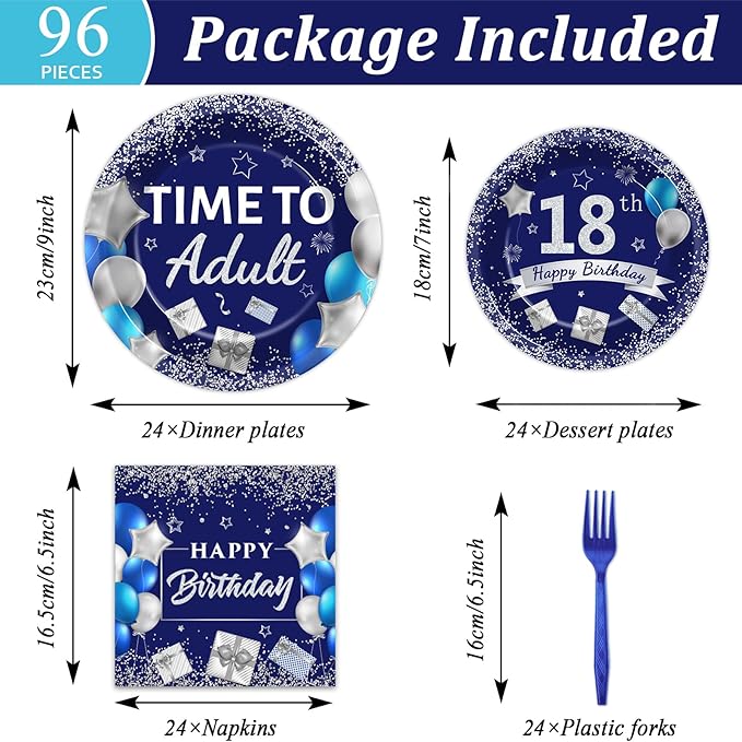 96 Pcs 18th Birthday Party Plates and Napkins Party Supplies Time To Adult 18 Years Old Plates Birthday Tableware Set Blue Silver Happy 18th Decorations Favors for Boys Girls Serves 24