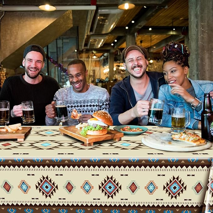 Frienda 3 Pcs Aztec Tablecloths Western Plastic Table Covers Waterproof Tribal Party Decorations Wild West Wooden House Table Cover for Western Barn Birthday Party