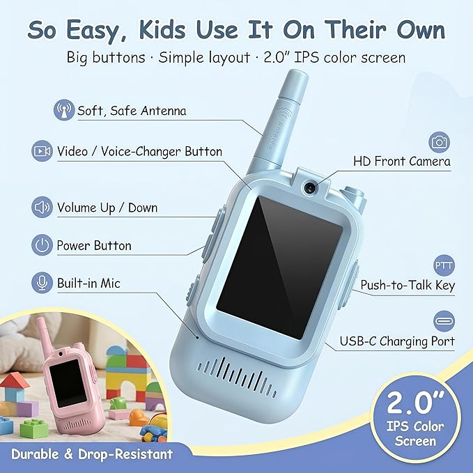 Kids Video Walkie Talkies for Kids Ages 3-5, 2 Pack Rechargeable Long Range Walkie Talkie with HD Camera Screen, Voice Changer Toy for Indoor Outdoor Adventure, Blue Pink
