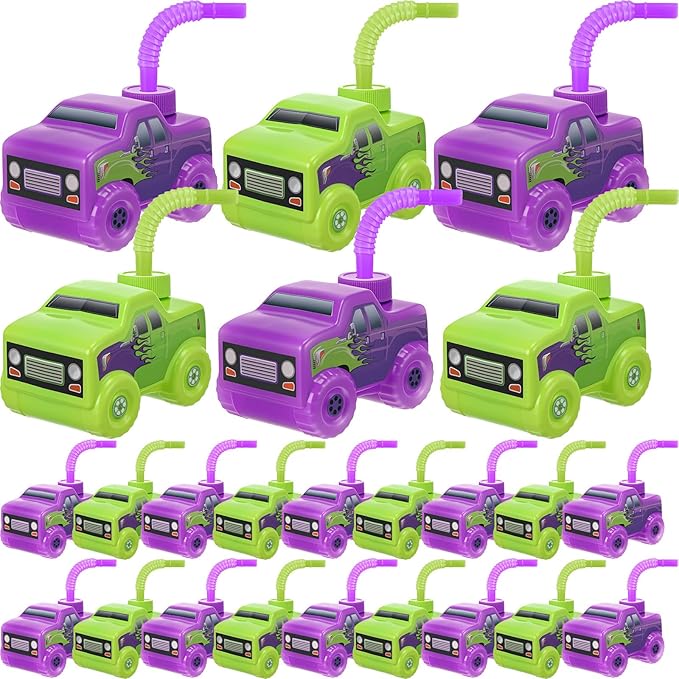 Tanlade 24 Set Green and Purple Monster Truck Road Cups with Straws, Plastic Vehicle off Road Drink Cup Reusable Truck Cups Bulk Race Car Birthday Party Favor Supplies for Racing Party Supplies