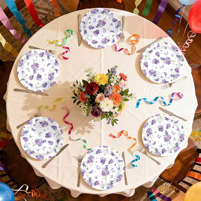 50Pcs Purple Floral Party Decorations 9" Purple Wildflowers Paper Plates Disposable Butterfly Themed Platter for Spring Flower Weddings Birthdays Baby Shower Party Supplies