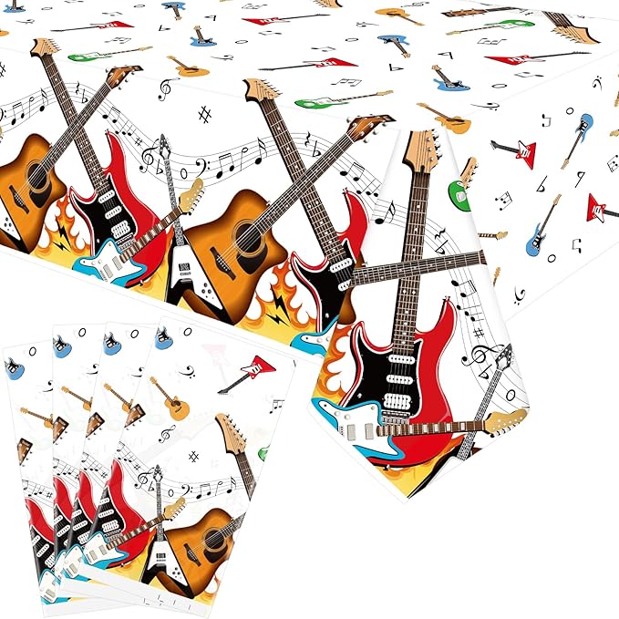 4 Pack Music Theme Party Tablecloth, Guitar Birthday Party Decorations for Rock Birthday Party Supplies 54 x 86 Inch