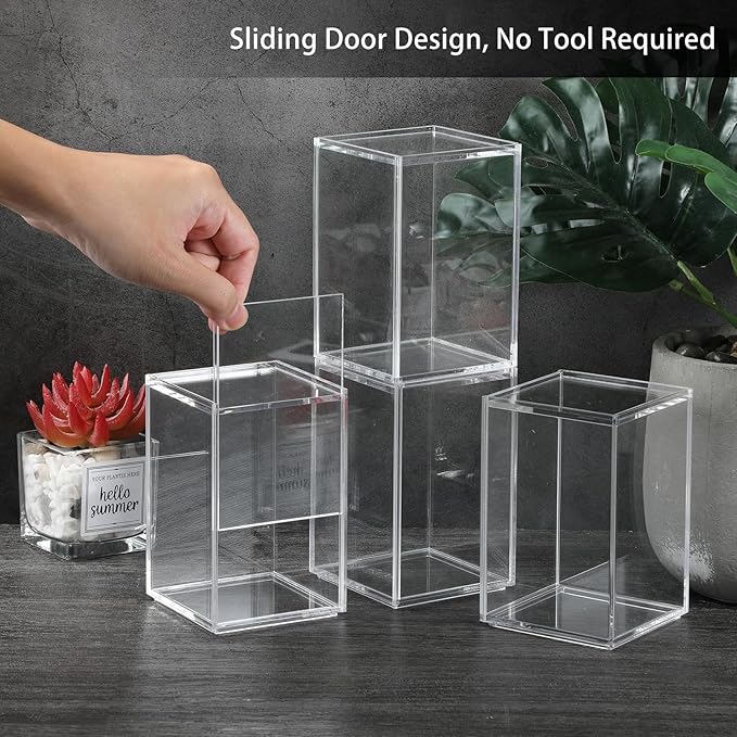 JUXYES 4 Pack Clear Display Case for Mini Action Figures, Acrylic Box with Sliding Door, Stackable Cube Small Showcase, Free Standing Collectibles Protection, 3x3x4.5 Inches