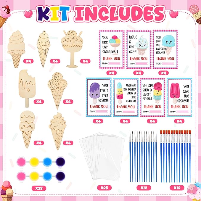 Leinuosen 28 Sets Ice Cream Party Favors Wood Painting Craft DIY Kits with Art Supplies and Inspirational Cards for Summer Birthday Party Valentines Day Prizes Exchange