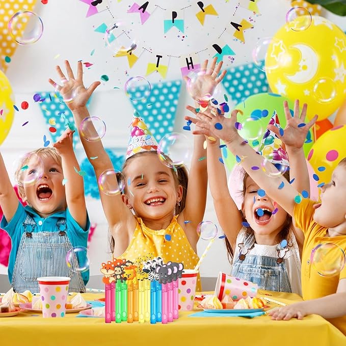 24 Jungle Animal Party Favors Bubble Wands for Kids, Lion Fox Zebra Giraffe Safari Mini Bubbles Wand Toys, Woodland Theme Birthday Party Supplies Goodie Gift Bag Stuffers Pinata Classroom Prizes