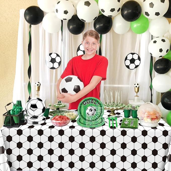 Soccer Party Supplies Kit Serve 20, Disposable Tableware Set Includes Dinner Plates, Dessert Plates, Napkins, Forks, Tablecloths for Boys Birthday Sports Theme Party Decorations