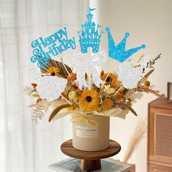 Gyufise 12Pcs Princess Centerpiece Sticks Birthday Bowknot Castle Birthday Table Flower Centerpieces Sticks Crown Bow Party Decorations for Bridal Shower Birthday Wedding Party Supplies Blue