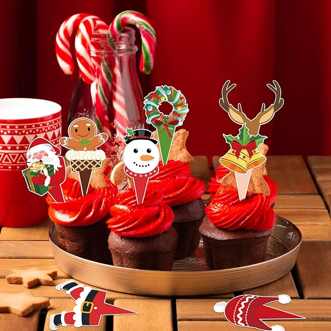 48 Pack Christmas Cupcake Toppers and Wrappers, Snowman Santa Claus Reindeer Cake Decoration for Christmas Theme Party Birthday Party Supplies