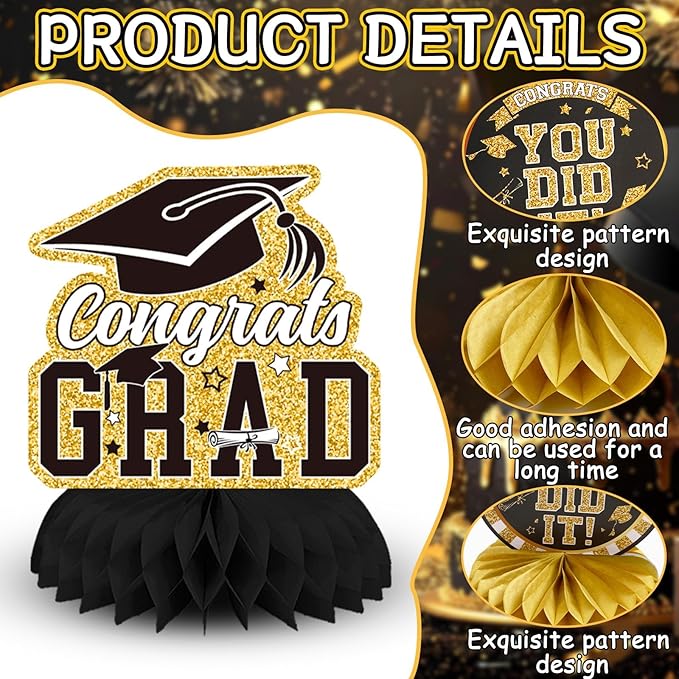 10 PCS Graduation Party Decorations Class of 2026,Gold and Black Congrats Grad Honeycomb Centerpiece for Table Congratulate Graduation Table Toppers for Graduation Party Favor Supplies