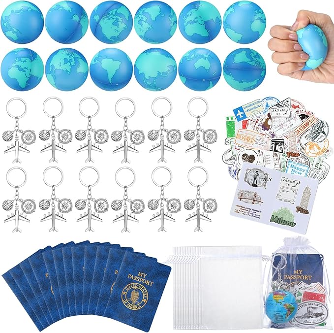 Maitys 72 Pcs Travel Party Earth Stress Balls, Airplane Keychain, Passport Book with Assorted Travel Stickers for Scrapbooks, Organza Bags for Adults Adventure Theme Party Supplies