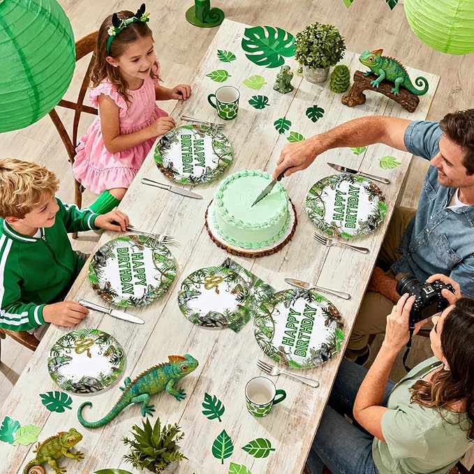 96Pcs Reptile Birthday Party Supplies Lizard Snake Turtle Birthday Party Plates and Napkins Green Reptile Wild Tableware Set for Tropical Wild Greenery Favors Serves 24